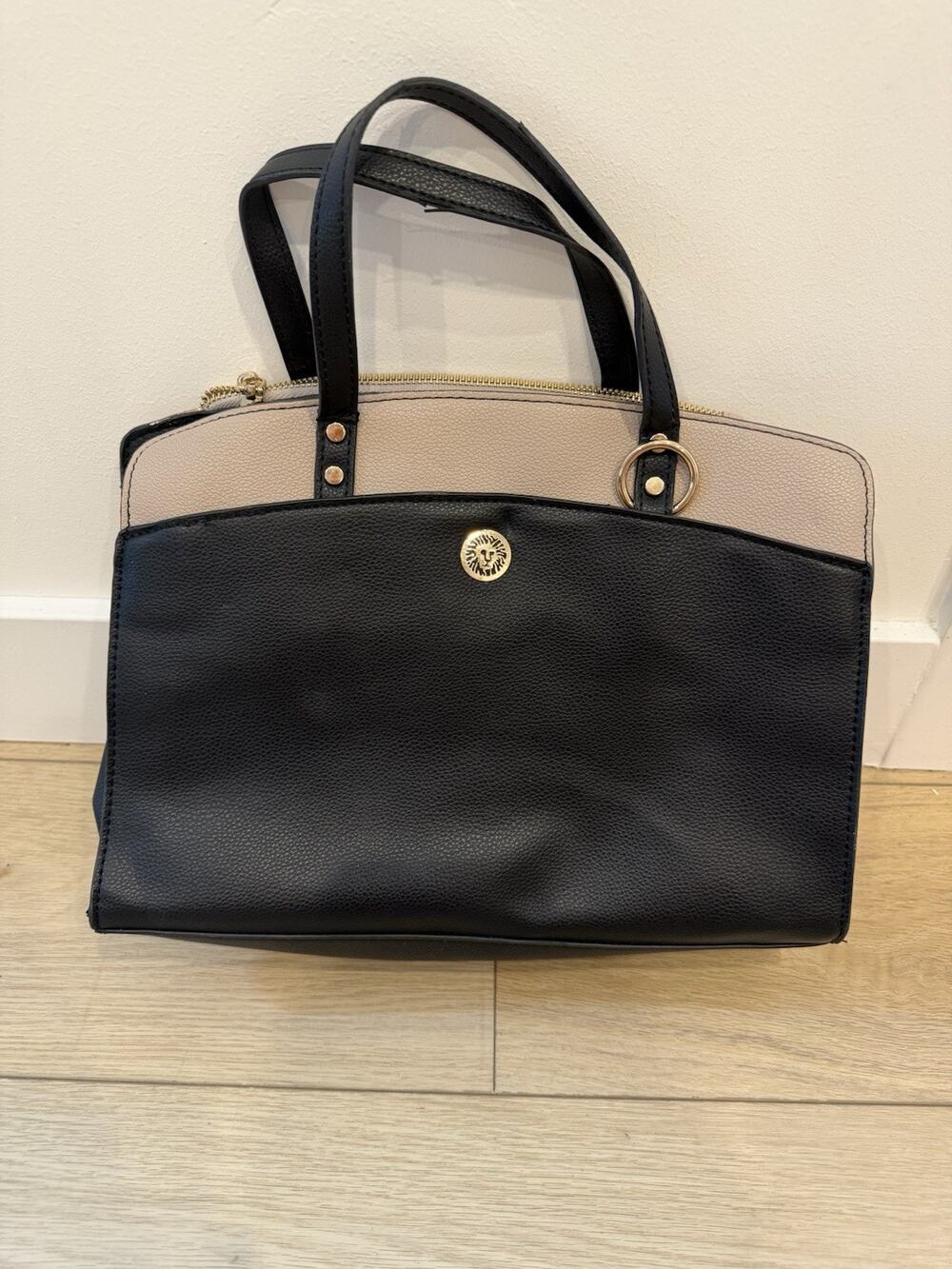 Anne Klein Colorblock Tote Crossbody Handbag Black Cream Taupe Pebbled Purse